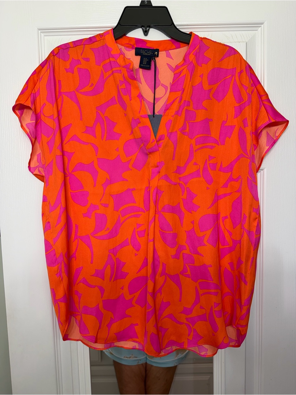 Rachel Pink and Orange Abstract V-Neck Cap Sleeve Blouse NWT